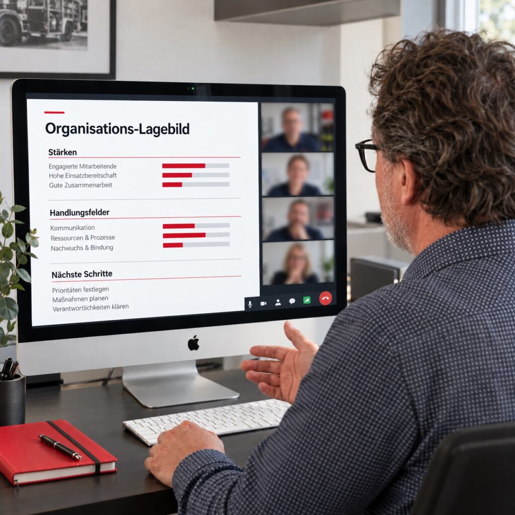 Illustrative Darstellung: Hermann Zengeler bespricht das Organisations-Lagebild am Bildschirm mit Führungskräften in einer Videokonferenz.