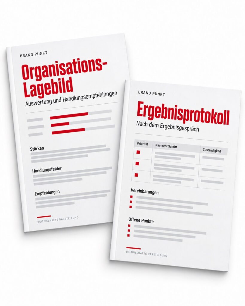 Beispielhafte Ansicht von Organisations-Lagebild und Ergebnisprotokoll mit Auswertungen, Handlungsempfehlungen und nächsten Schritten.