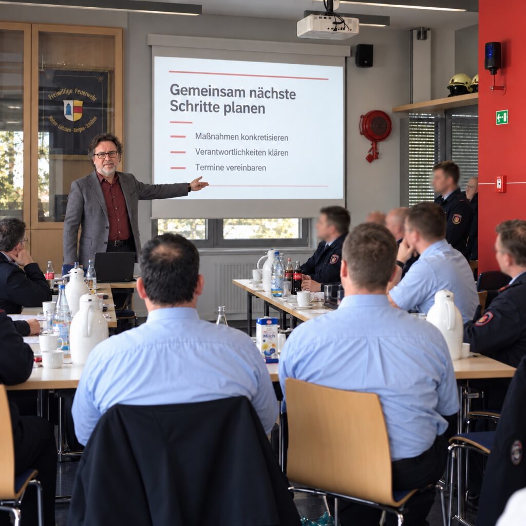 Bearbeitete Workshopaufnahme: Hermann Zengeler erläutert einer Gruppe von Teilnehmenden die gemeinsame Maßnahmenplanung.